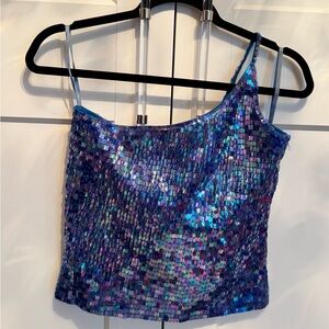 Express Blue Sequin one shoulder top